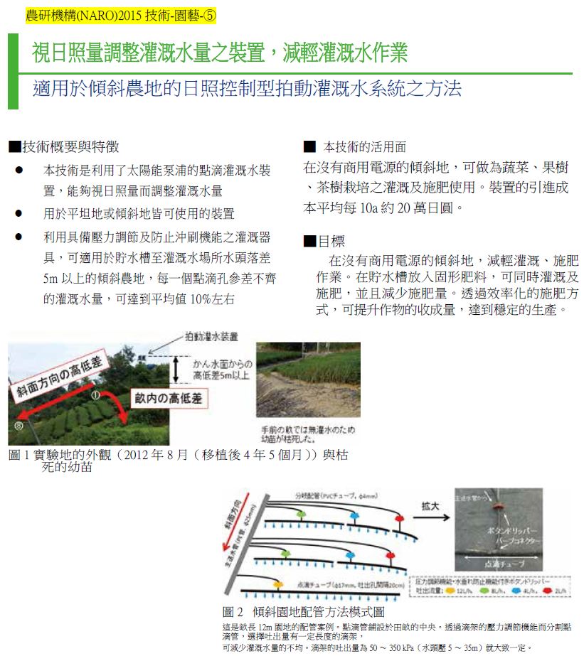 農研機構(NARO)2015技術-園藝-?-視日照量調整灌溉水量之裝置，減輕灌溉